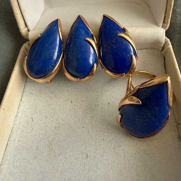 Jewelry - Vintage 14K Yellow Gold Lapis Lazuli Teardrop Ring and Matching Earrings Set